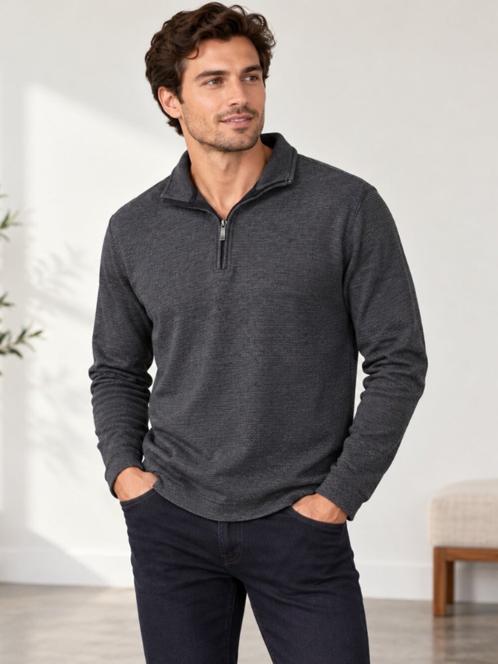Van Heusen Flex Charcoal Gray Textured Quarter Zip Pullover Sweater Men’s Small